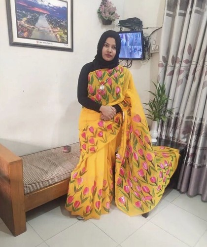 Bangladesh Unique Ethical Hand Painted Sari By Rupa Ranishil, Read Description - Picture 8 of 17