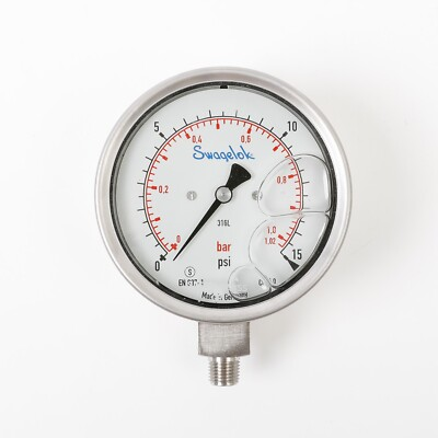 #ad Swagelok EN 837 1 Pressure Gauge 15 PSI Germany 316L Oil Filled 1 4quot; MNPT 304 SS $26.24