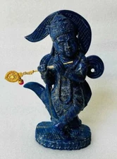 8" Lapis Stone Krishna Idol Statue Handmade Hindu Religious Sculpture Gifts Item