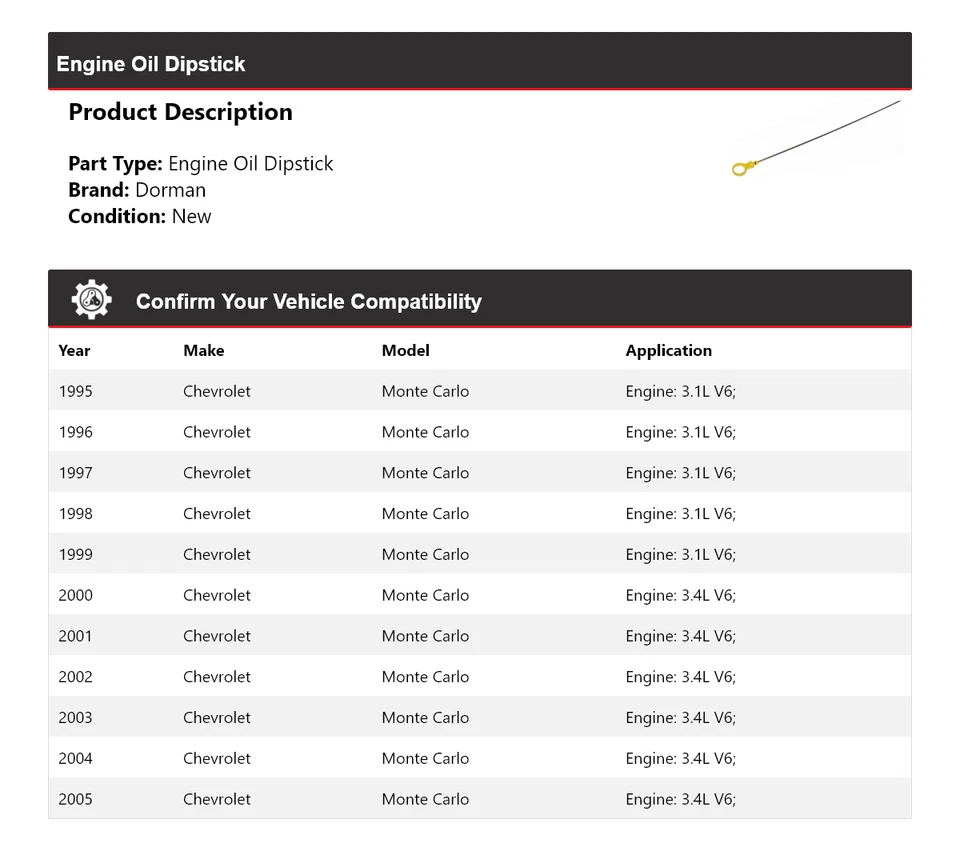 Varilla de medición de aceite de motor para Chevrolet Monte Carlo Dorman 1995-2005 1996 1997 1998 Foto 2 de 4