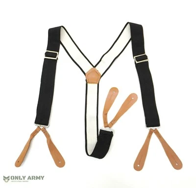 MILITARY British Army Style Leather Braces Black Button Brace Vintage Elasticated Elastic