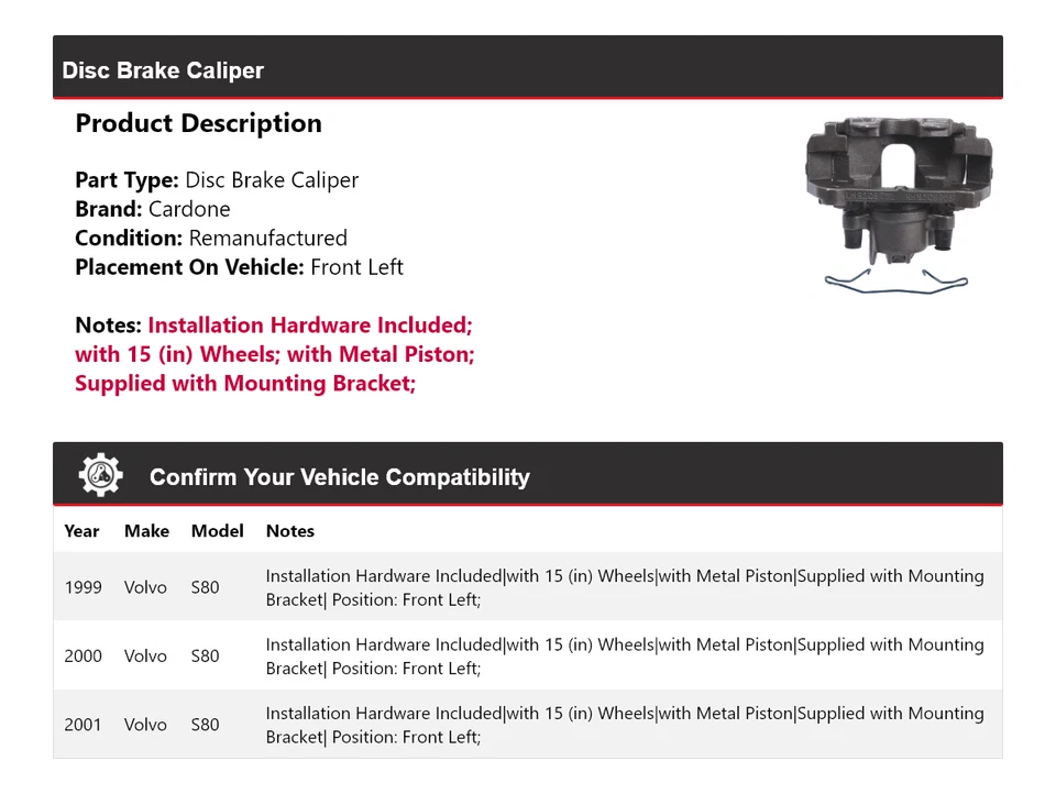 Pinza de freno de disco delantera izquierda Cardone 2000 para Volvo S80 1999-2001 Foto 2 de 4