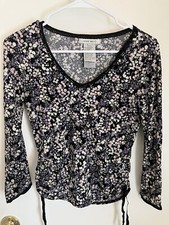 Nine West Floral Ruched Long Sleeve Top – Black, Lilac & Cream – Fits M/L