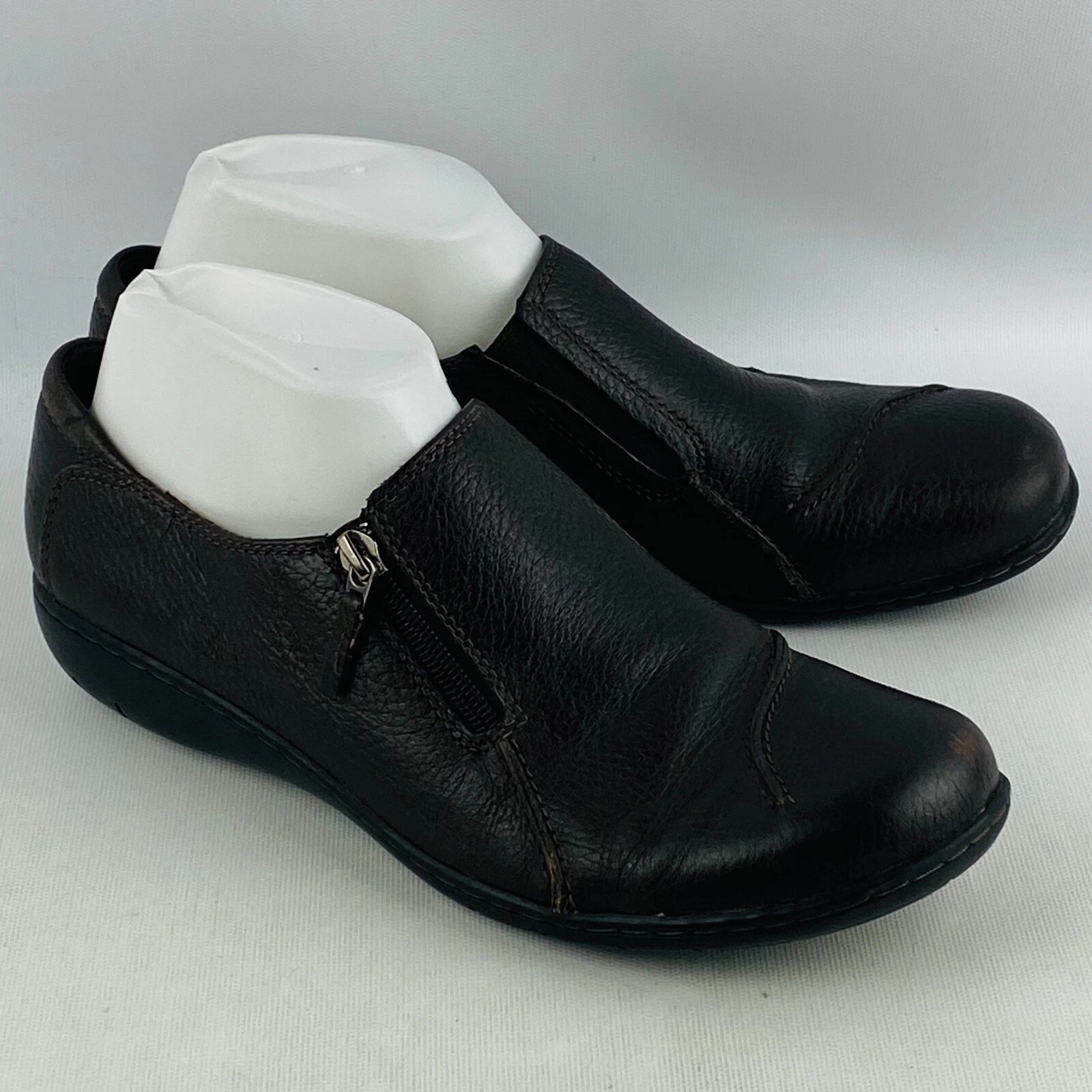 Mocassini donna Clarks pieghevoli 10M pelle marrone chiusura zip slip on