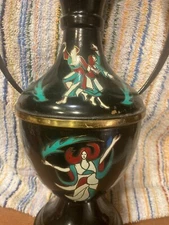 HUGE VINTAGE 14"x 9" MAGNIFICENT  BRASS, ENAMEL DOUBLE HANDLED VASE ISRAEL! WOW!