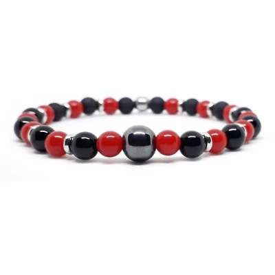 Bracciale Milan Rosso Nero Ematite con Perle braccialetto Elastico Uomo e Donna