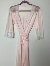 Vintage Sears Pale Pink Nylon Long Robe Peignoir Size 34 Embroidered flowers