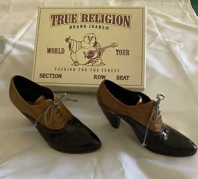 True Religion Mixed Leather 8M Lace-Up Ankle Boots Chocolate/Camel Cone Heel