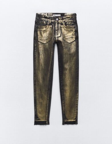 PANTALONE JEANS ZARA NUOVO DONNA Z1975 SKINNY VITA MEDIA FOIL SFILACCIATO NERO ORO 1934/025 - Foto 6 di 9