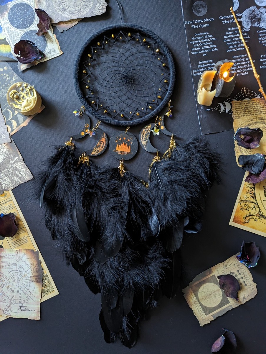 Large Black Celestial Dream Catcher with Moon Phases | Lunar