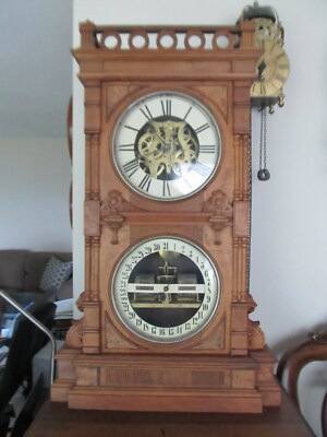 Seth Thomas Parlor Double Dial Calendar Clock Weight Drive# 10 clock OAK RUNNING