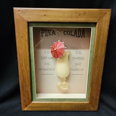 Vintage Picture Shadow Box Pina Colada Drink Recipe Unique 3D Bar Room Decor