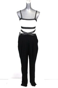 NEW-139-womens-black-silver-BEBE-cocktail-jumpsuit-metallic-pockets-modern-S