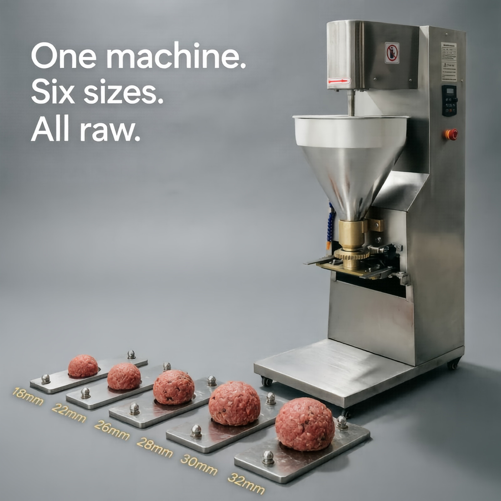Commercial SS Meatball Maker Former 0-300 pcs/min, 6 Molds (18-32mm), Easy Clean