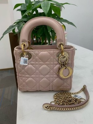 Christian Dior Lady Dior Mini Tote Handbag Sakura Pink Lambskin