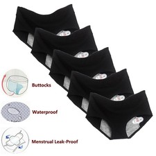 5 Pack Womens Cotton Period Panties Black Leakproof Menstrual Underwear Panty