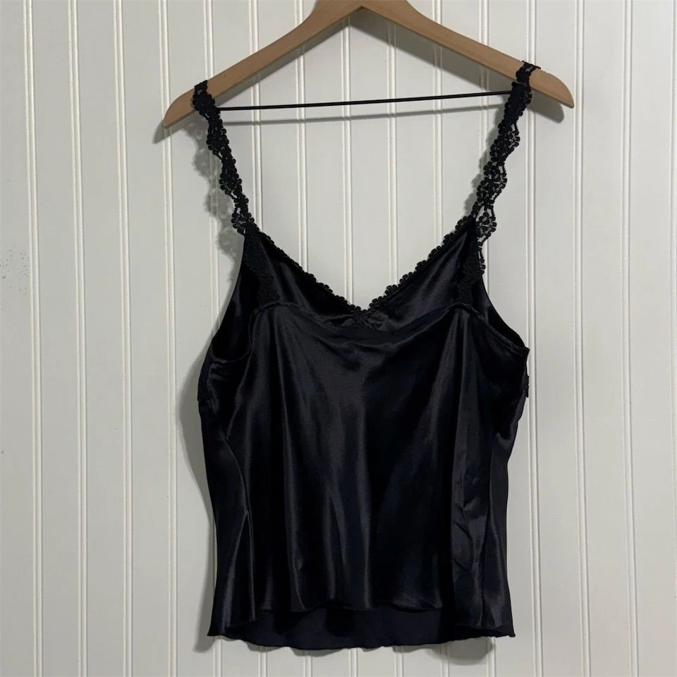 Винтажный Spenser Jeremy 100% шелк Cami L черный кружевной отделки 90-х Y2K минималистский топ - Изображение 3 из 4