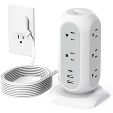 Tower Power Strip Flat Plug 10 Ft. with 11 Outlets 3 USB Surge Protector Tower P