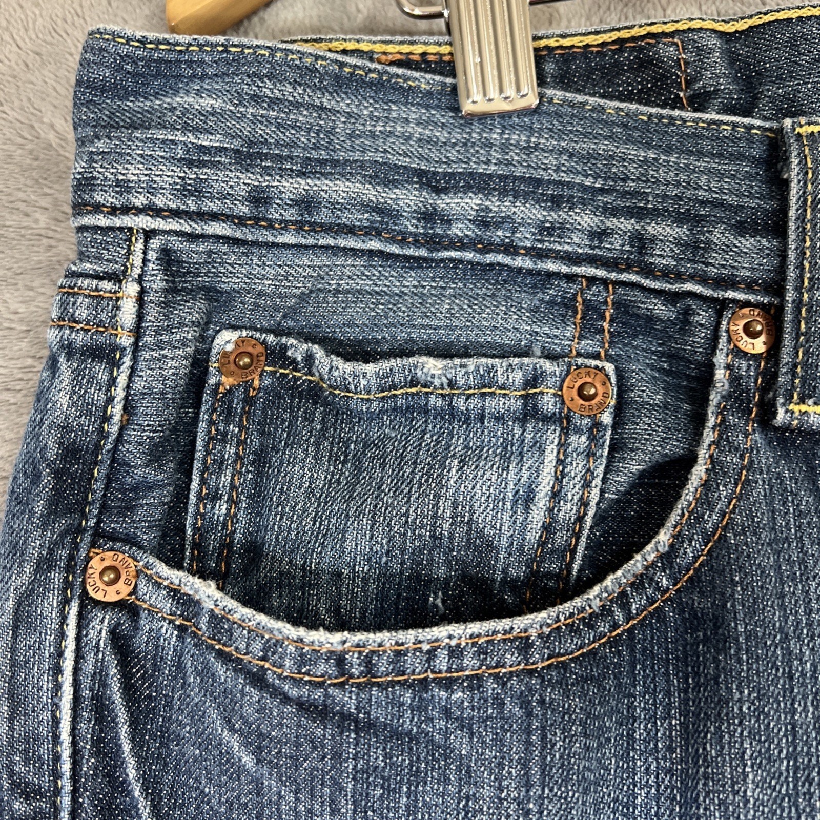 Lucky Brand Jeans 36 X 27" Hemmed Blue Hipster Wash Slim Bootleg Buttonfly Denim