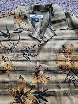 Tommy Bahama Shirt Mens L Brown Silk Floral Hawaiian Button Up Camp Loop Collar