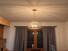 1960  s Vintage Brass and Ribbed Glass Dome Pendant Light Chandelier Gold