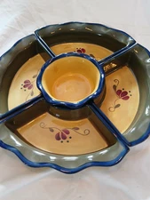 5 Vintage Chip & Dip Yellow/Brown/grey  Stoneware Floral Sauce Bowl Home Garden