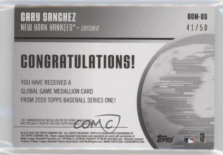 2020 Topps Global Game Medallions Gold /50 Gary Sanchez #GGM-GS - Image 2 of 2