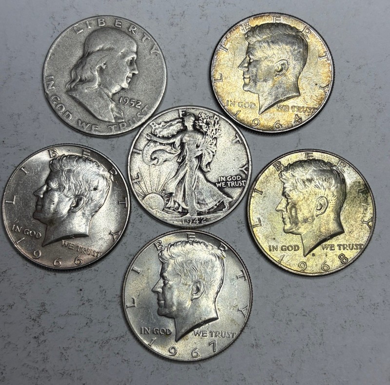 1942-1968-D Kennedy Half Dollars Lot Of 6, 3 At 90% Silver And 3 At 40% Silver.