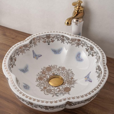 Vessel Bathroom Sink Flower Shape Design Porcelain Above Counter Sink for Bar...