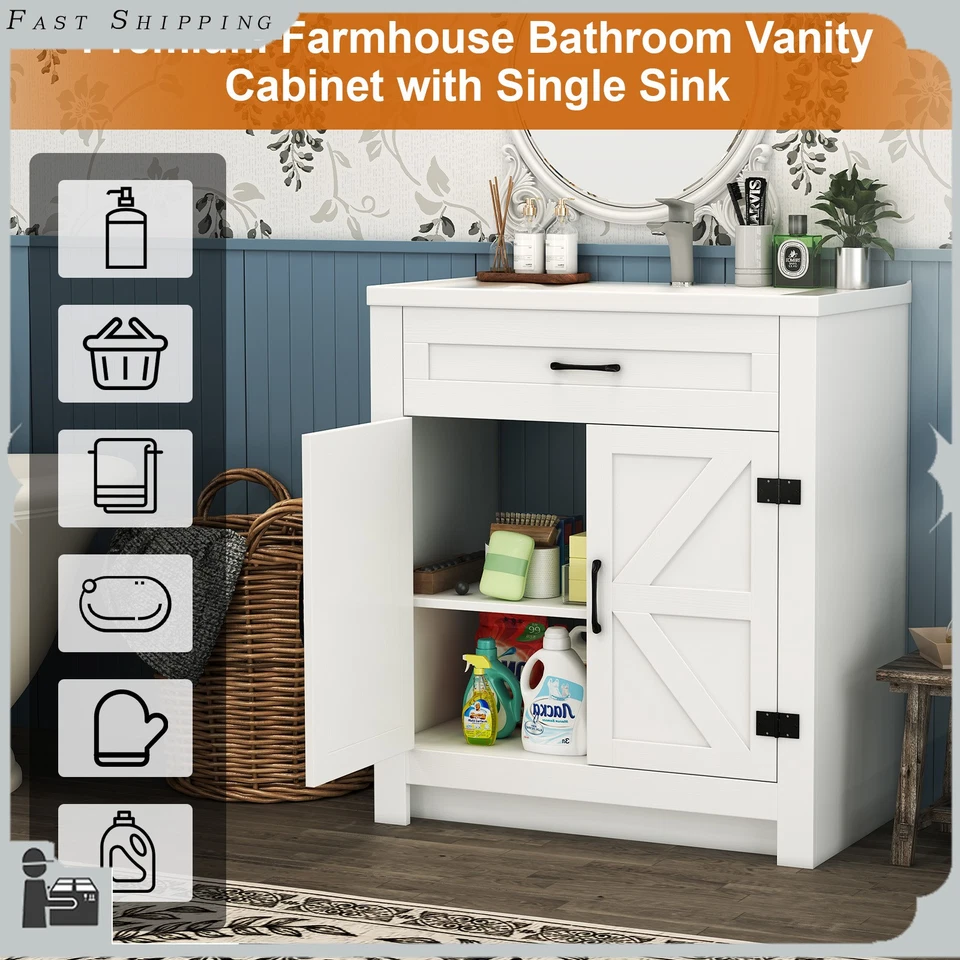 Juego de tocador de baño blanco con 2 puertas mueble de baño y lavabo de cerámica Foto 4 de 4