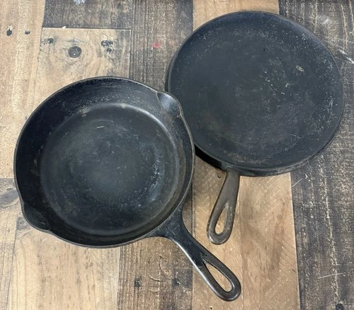 Griswold #6 Cast Iron Skillet Large Logo And Wagner Flat Griddle #0 Set
