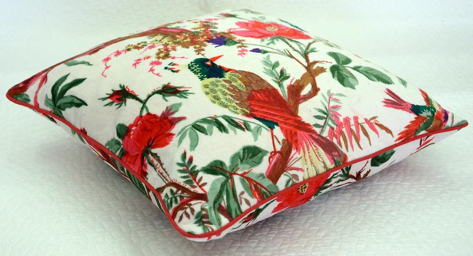 White Velvet Pillow Case Bird Print Decorative Throw Floor Indian Cushion Cover - Image 3 of 4