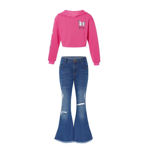 Kids Girls Sweatsuits Bell-bottom Tops With Flared Jeans Hip Hop Tracksuits - Picture 40 of 59
