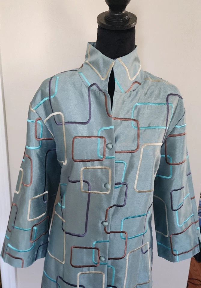 Chaqueta Rita de Seda Connie Roberson con Diseño Geométrico Aqua Talla XL Foto 3 de 4
