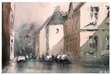 Original Aquarell Gemälde Malerei impressionistisch Straße Sonne Autos Menschen 