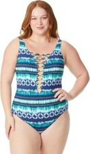 Bleu by Rod Beattie Women's Tropical Flight Lattice-Trim Swimsuit SZ 16W