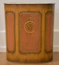 Vtg JL CLARK Trash Can 13" Metal Door Knocker Wicker Panels Regency Waste Basket