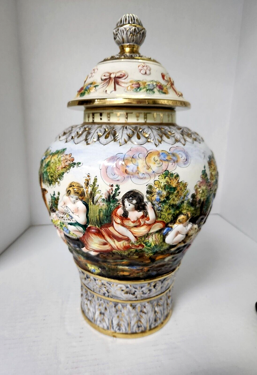 Antique Capodimonte Porcelain Ceramic Vase & Lid Early 20th