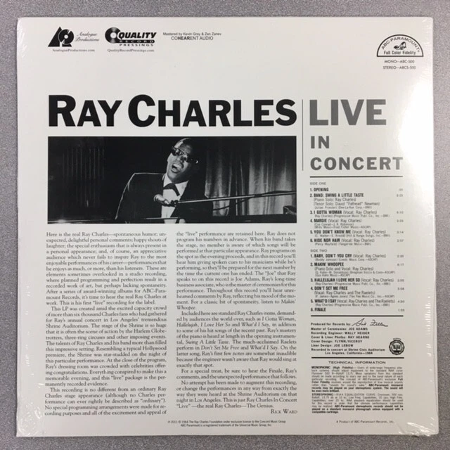 Ray Charles - Live In Concert 200G Vinyl LP (New/Sealed/Corner Bend) *LAST ONE* - Image 2 of 3