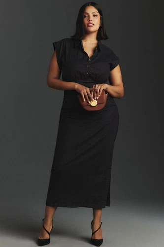 NWT Anthropologie Womens Plus size 3X V neck Ruched Slim Midi Dress Black