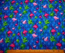 Tropical Fabric By The Yard Pink Flamingos Green Palm Trees on Blue Cotton