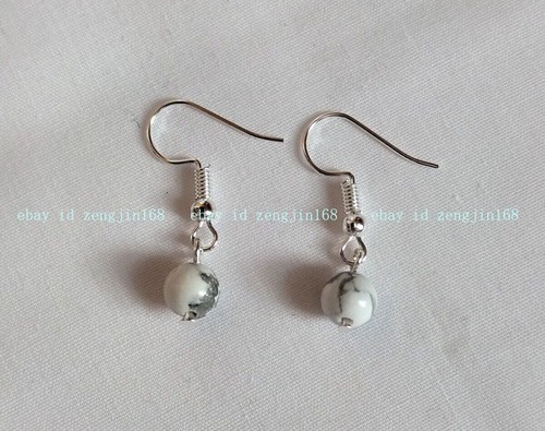 8mm White Howlite Beads Drop Earrings Natural Stone Tone Hook Gemstone Simple - Picture 10 of 12