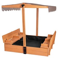 Kids Wood Square Sandbox With Cover Folding Bench 47.2'' X 51.9''