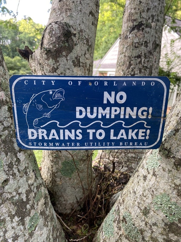 VINTAGE METAL SIGN ORLANDO FLA. NO DUMPING DRAINS TO LAKE STORMWATER WITH FISH