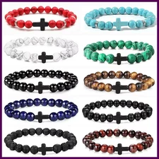Prayer Men Natural Stone Wood Beads Rosary Hematite Cross Bracelets Onyx