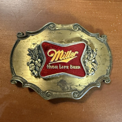 Miller High Life Beer Logo Vintage Raintree 1980 Metal Belt Buckle Gold/Red