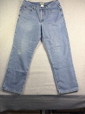 LL Bean Green Flannel Lined Jeans Men s 34x28  Faded Classic Fit Distressed Dad