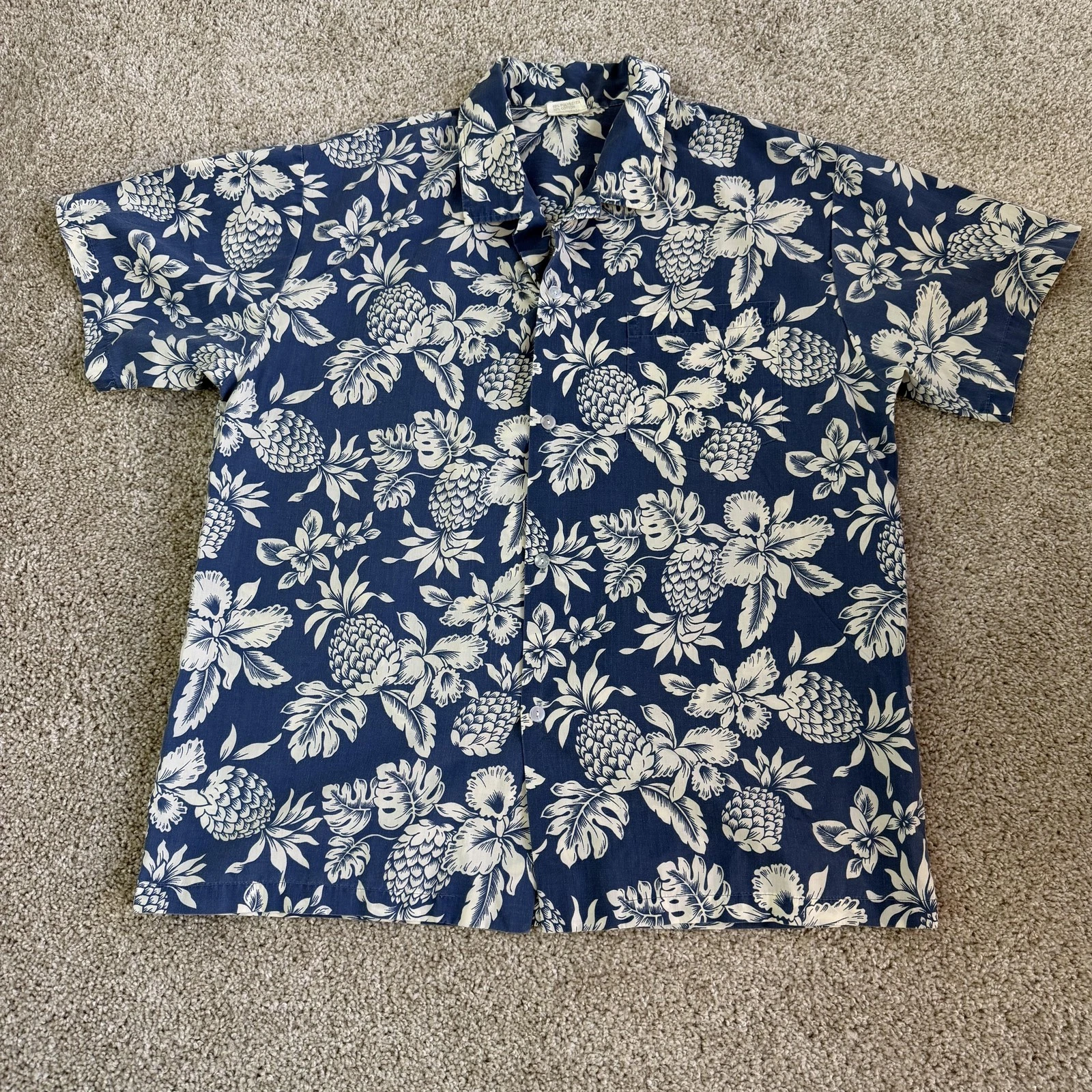 Vintage New Horizon Shirt Mens Large Blue Hawaiian Floral Short Sleeve Button Up