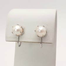 Solid 14k White Gold Akoya Pearl Non Pierced Screw On Earrings Retro Deco 7.5mm