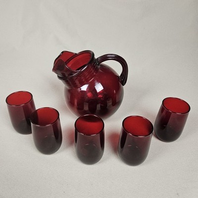 Vintage Anchor Hocking Ruby Red 6  Tilt Ball Pitcher & 5 glass Tumblers Set MCM 